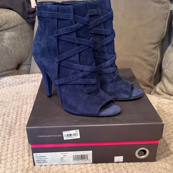 Vince Camuto Shoes - Vince Camuto Navy Suede Lace-Up Peep-Toe Ankle Boots